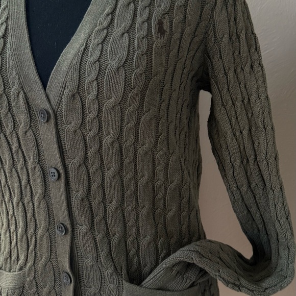 Ralph Lauren Sport Cotton Women’s Olive Cable Knit Button Up Cardigan - Picture 3 of 4